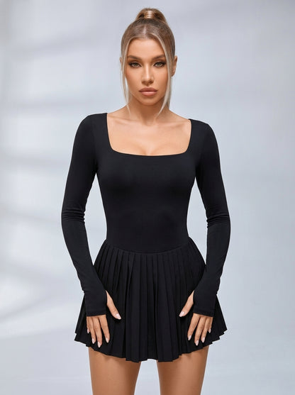 Long-Sleeve Square-Neck Tennis Dress
