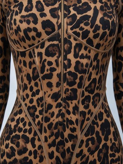 Leopard Print Front Zip Long Sleeve Slim Jumpsuit