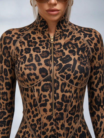 Leopard Print Front Zip Long Sleeve Slim Jumpsuit