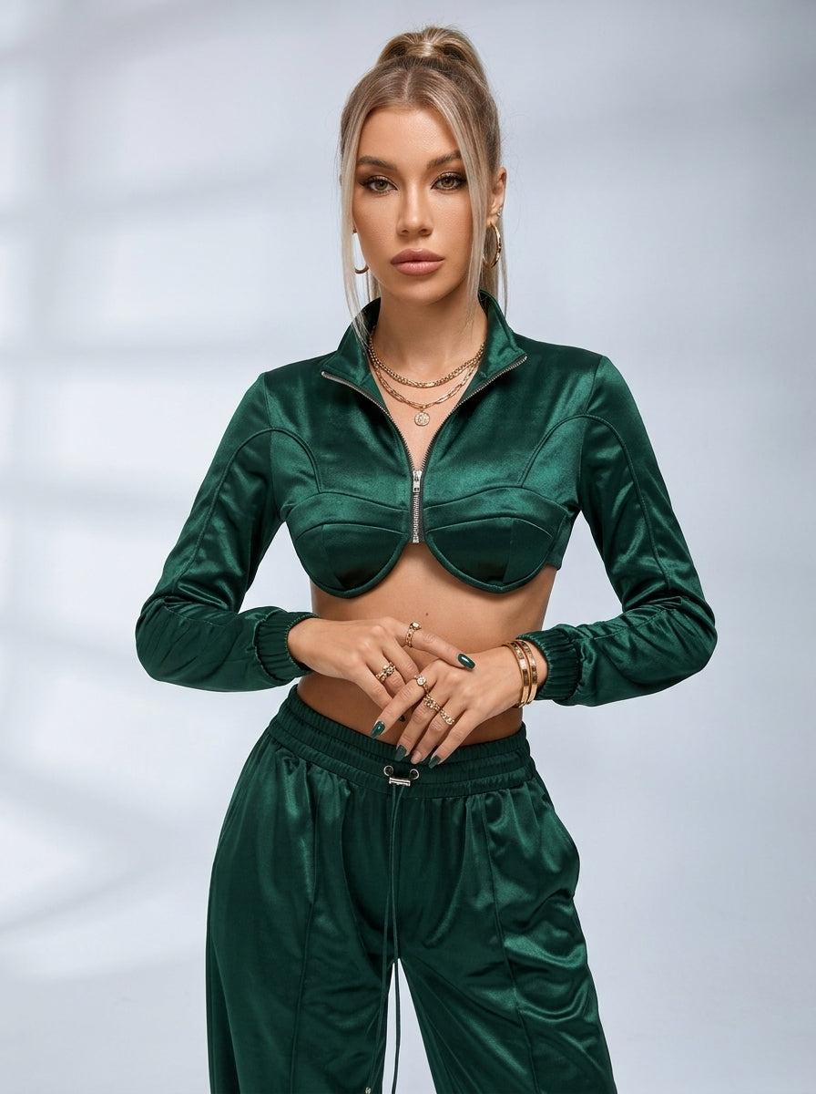 Satin Zip‑Up Cropped Jacket & Wide Leg Pants 2‑Piece Set