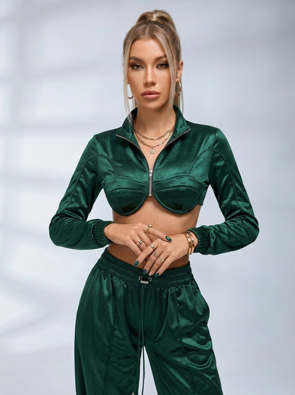 Satin Zip‑Up Cropped Jacket & Wide Leg Pants 2‑Piece Set