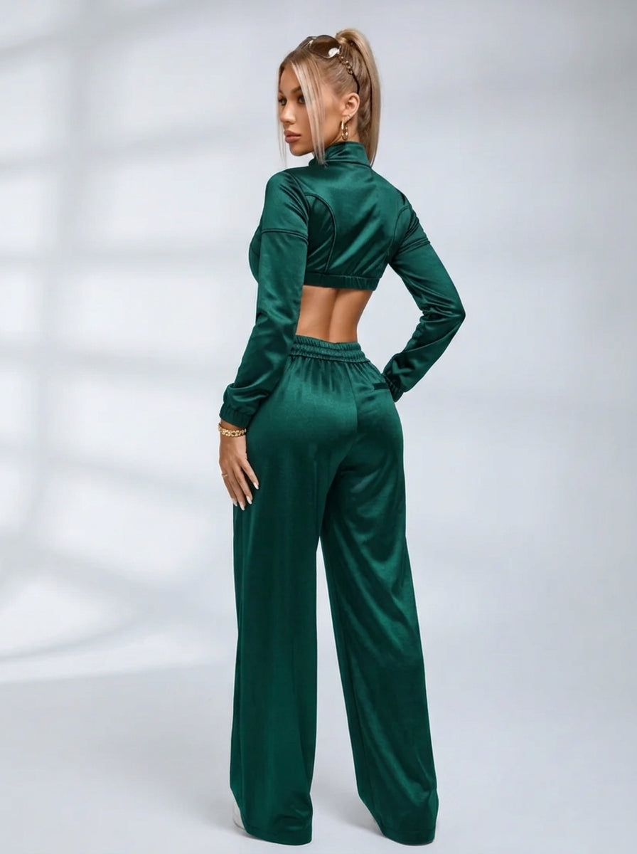 Satin Zip‑Up Cropped Jacket & Wide Leg Pants 2‑Piece Set