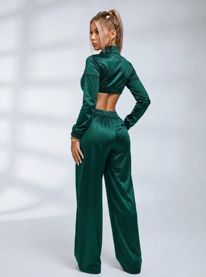 Satin Zip‑Up Cropped Jacket & Wide Leg Pants 2‑Piece Set
