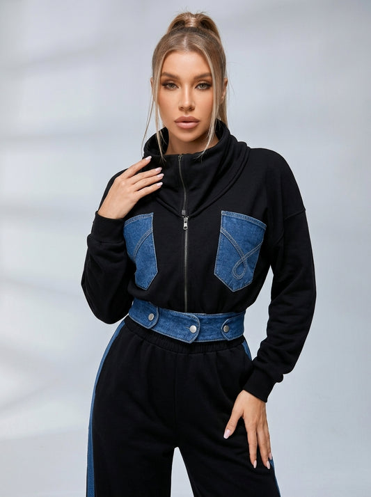 Sexy Denim Contrast Color Pocket Casual Tracksuit