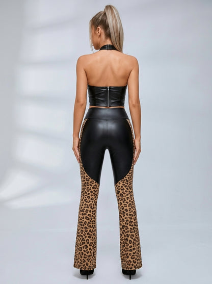 Stretch Slim Color Block Leopard Patchwork Workout 2 Piece Outfit