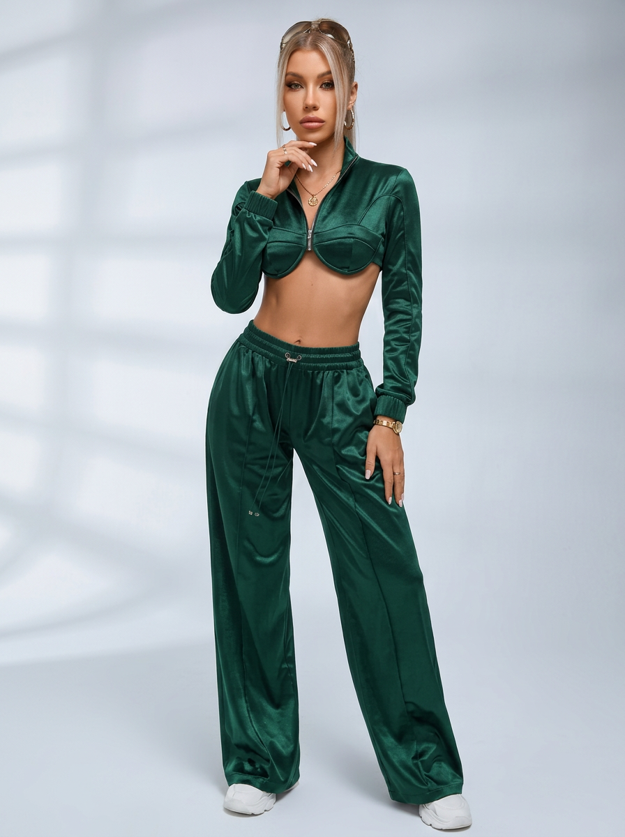 Satin Zip‑Up Cropped Jacket & Wide Leg Pants 2‑Piece Set