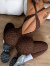 ZASUWA Female Sexy Leopard Print Cross Back Deep V Back Jumpsuit