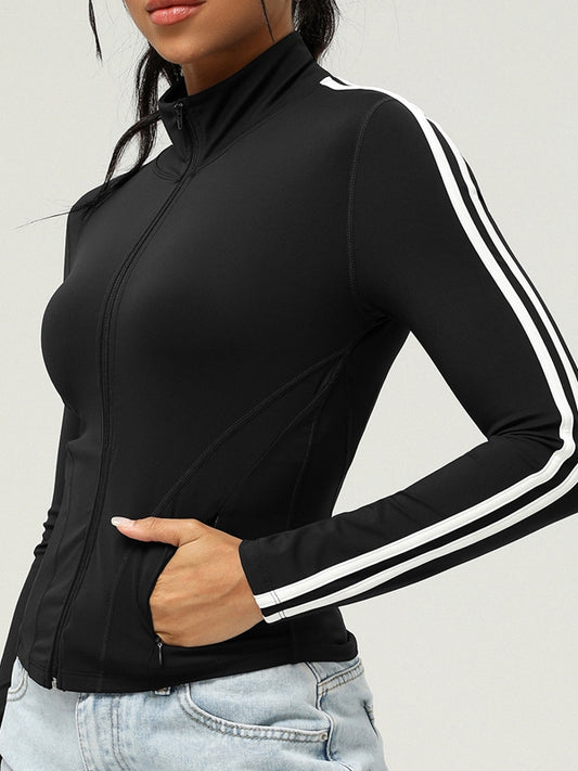 ZASUWA Female Zipper Contrast Color Stripes Pocket Jacket