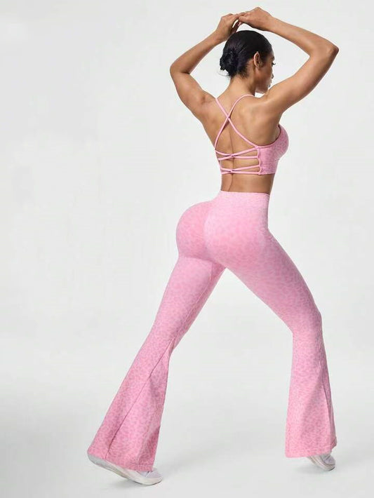 ZASUWA Female Leopard Print Cross Back Flare Design Tracksuit