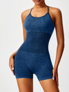 ZASUWA Female Denim Cross Back Hollow Out Frosted Nude Sensation Backless Romper