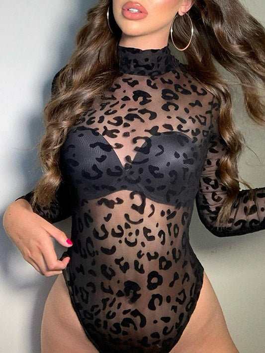 ZASUWA Female Leopard Print Mesh Bodysuit