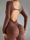 ZASUWA Female Leopard Print Backless Deep V Back Flare Jumpsuit
