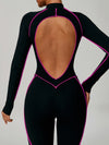 ZASUWA Female Sexy Backless Zipper Contrast Color Stripes Stitch Performance Jumpsuit