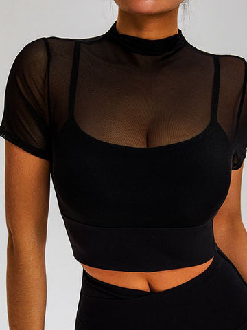 ZASUWA Female Sexy Sheer Mesh Cropped Short Sleeves