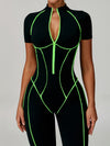 ZASUWA Female Sexy Backless Zipper Contrast Color Stripes Stitch Performance Jumpsuit