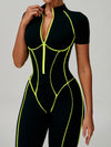ZASUWA Female Sexy Backless Zipper Contrast Color Stripes Stitch Performance Jumpsuit