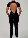 ZASUWA Female Sexy Backless Zipper Contrast Color Stripes Stitch Performance Jumpsuit