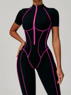 ZASUWA Female Sexy Backless Zipper Contrast Color Stripes Stitch Performance Jumpsuit