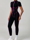 ZASUWA Female Sexy Backless Zipper Contrast Color Stripes Stitch Performance Jumpsuit