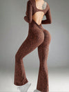 ZASUWA Female Leopard Print Backless Deep V Back Flare Jumpsuit