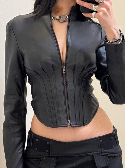 ZASUWA Female Faux Leather Corset Zipper Jacket