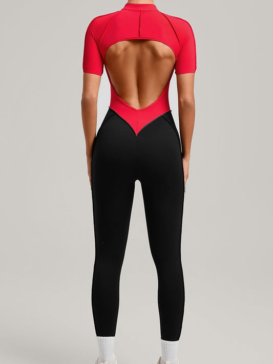 ZASUWA Female Contrast Color Backless Stitch Zipper Jumpsuit