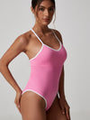 ZASUWA Female V Collar Cross Back Contrast Color Stripes Bodysuit