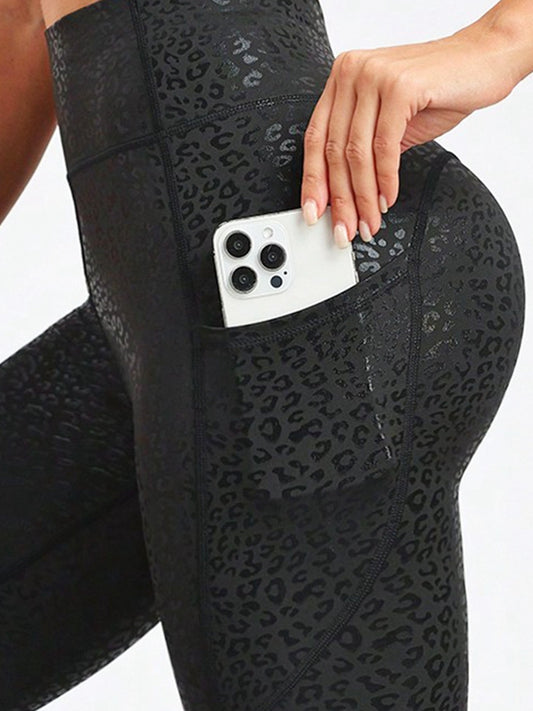 ZASUWA Female Sexy Faux Leather Leopard Print Pocket Leggings