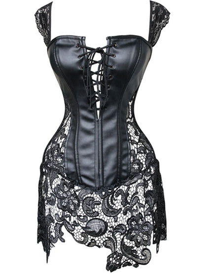 Lace PU Faux Leather Zipper Roman Knot Corset Shapewear